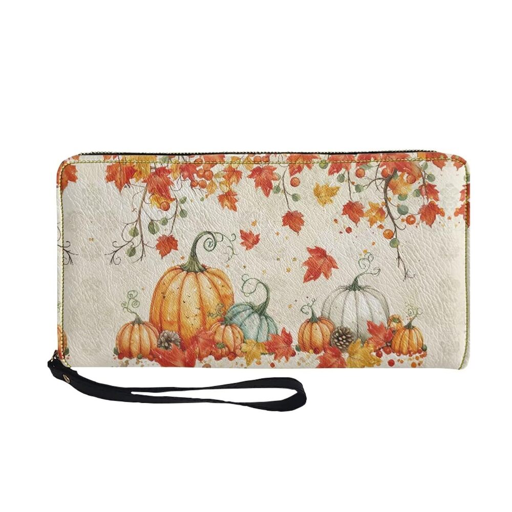 4502 Fall Long Wallet Pumpkin Maple Leaf Print Large Capacity Travel